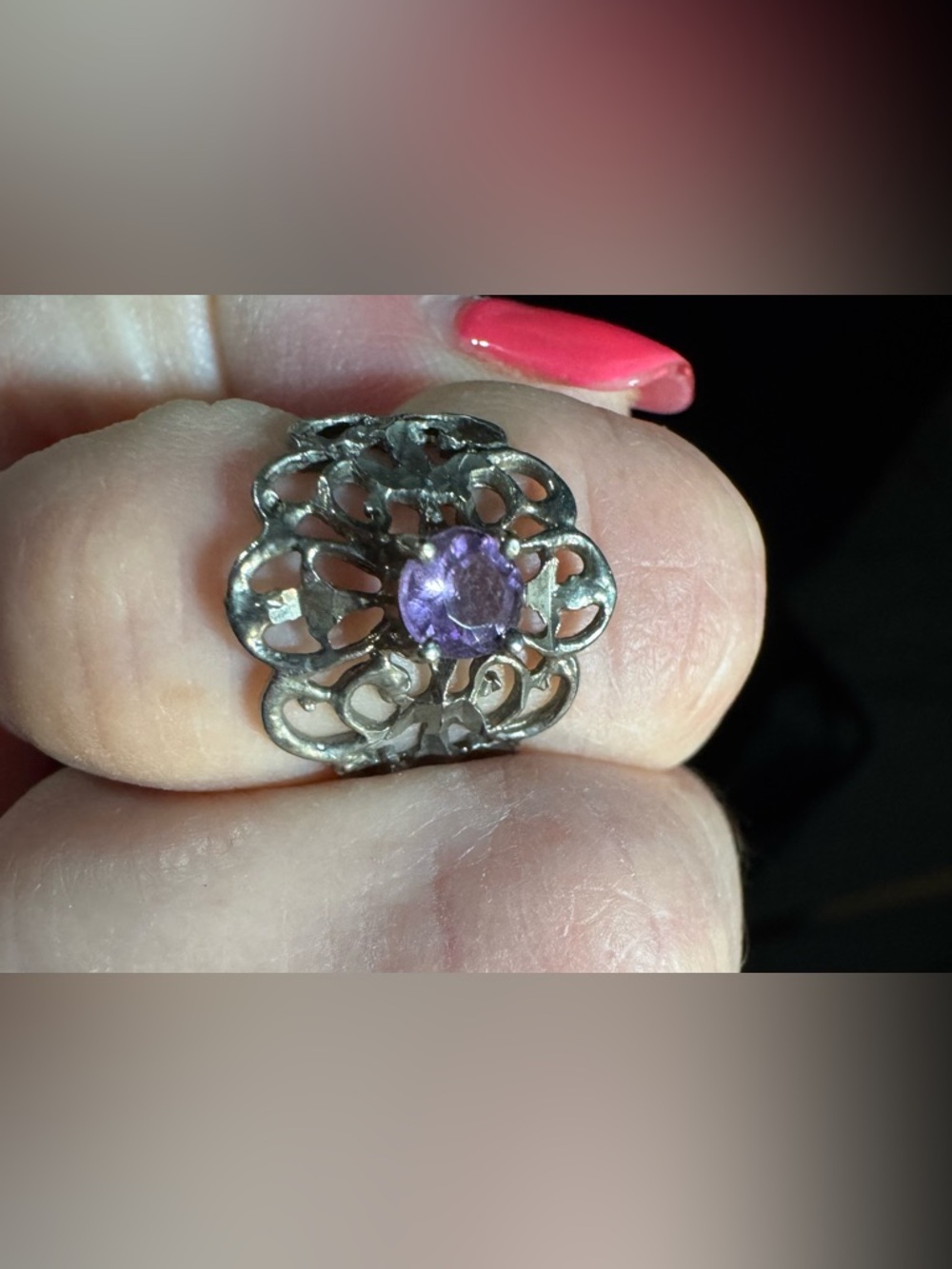 Silver Filigree Ring with Purple Stone size 5.5